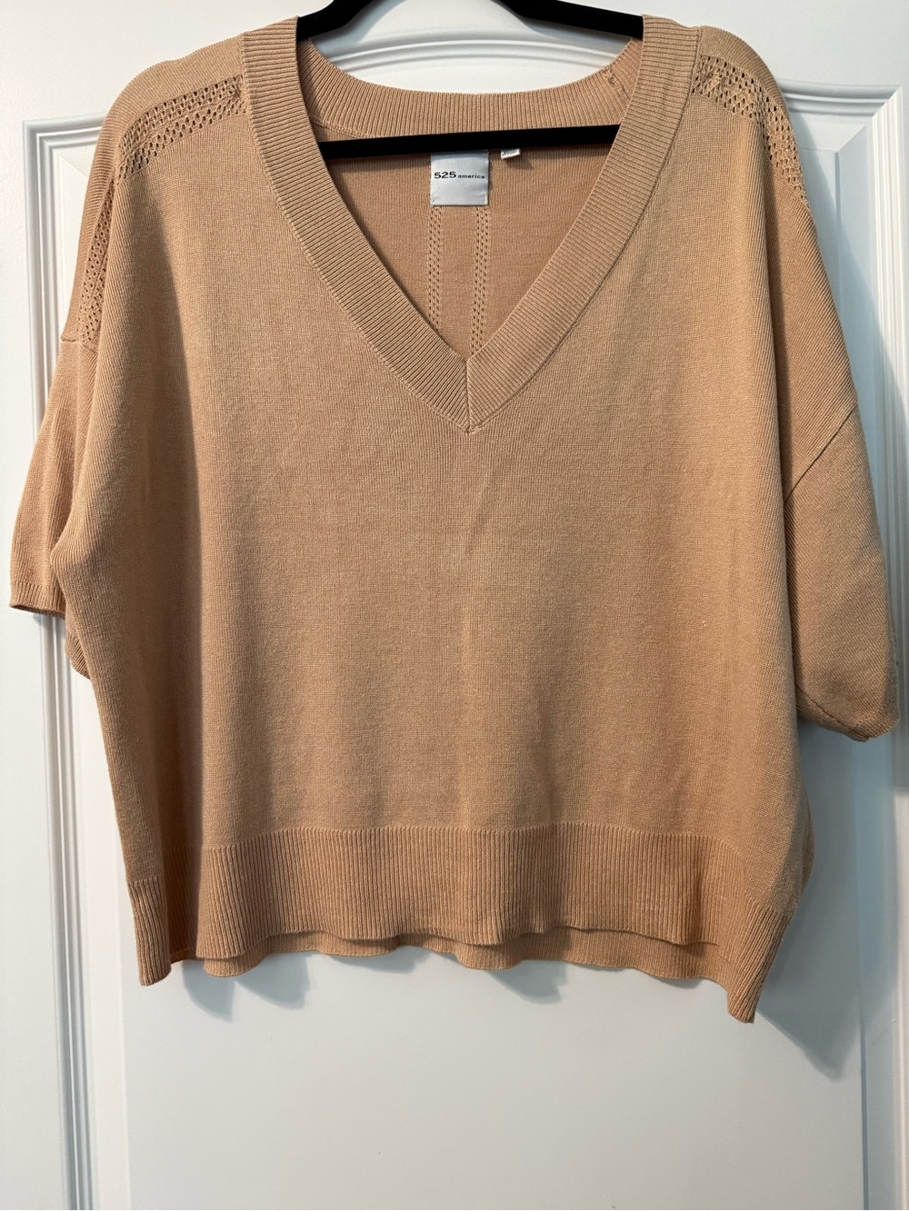 525 America Relaxed V-Neck Short Sleeve Lightweight Sweater in Tan